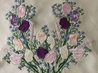 Exceptional Vintage Hand Embroidered Fairystych Design Tablecloth Sweet Peas