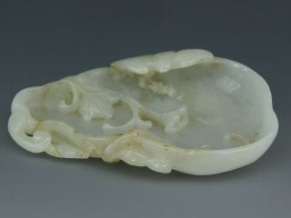 Antique Chinese Hetian Jade Brush Washer Carved Morning Glory And Bat