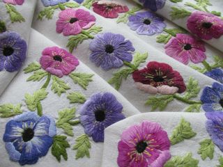 Vintage Hand Embroidered Linen Tablecloth - Plump Anemone Flowers