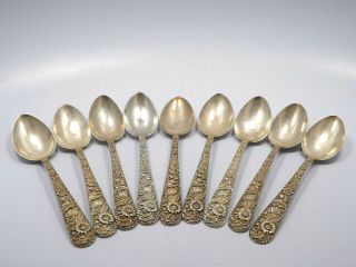 Vintage S.  Kirk & Son Inc Sterling Silver Floral Repousse 9 Spoons,  5 3/4 "