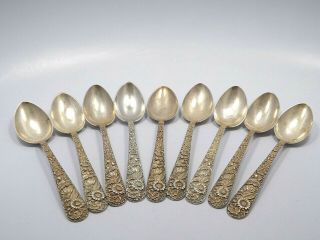 Vintage S.  Kirk & Son Inc Sterling Silver Floral Repousse 9 Spoons,  5 3/4 