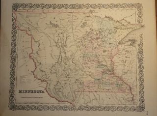 1855 Antique Map Of Minnesota J.  H.  Colton Hand - Colored & Native American Country