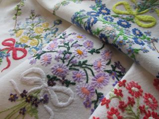 Vintage Hand Embroidered Linen Tablecloth - Colourful Floral 