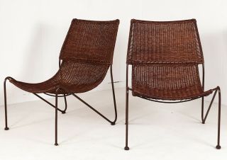 Wicker Tiki Rattan Lounge Scoop Chairs Mid Century Modern Vintage Iron Frames