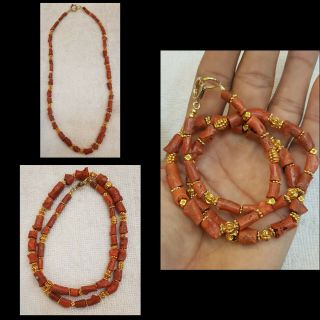 Old Natural Red Coral Wonderful Shape Bead 2necklace With Brass Beads
