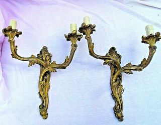 Antique Cast Brass Acanthus Scroll Twin Wall Sconces Lights Lovely Condi