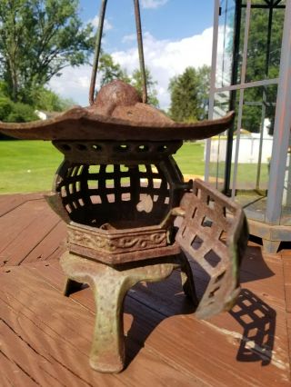 Antique Japanese Cast Iron Pagoda Garden Lantern Patio Light Candle Holder,  pair 3