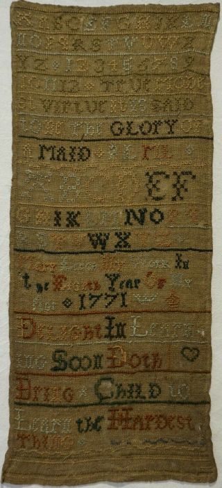 Mid/late 18th Century Verse & Alphabet Sampler By Mary Leech Aged 8 - 1771