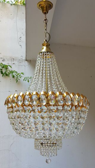 Antique Vintage Brass & Crystals HUGE French Chandelier Lighting Ceiling Lamp 2