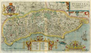 1607 - Rare 1st Edition Antique Map Of Sussex By Saxton Kip/hole