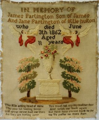 Mid 19th Century Memorial Sampler Dedicated To James Partington Aged 11 - C.  1862