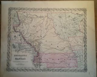1855 Kansas (kanzas) & Nebraska Territory Antique Map Jh Colton & Co,  York