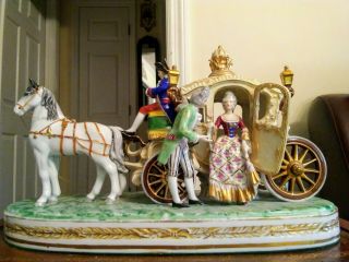 ANTIQUE DRESDEN FINE PORCELAIN HORSE DRAWN ROYAL CARRIAGE GRAND MANTLEPIECE. 12