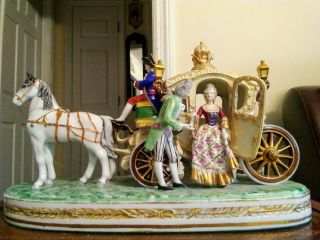 Antique Dresden Fine Porcelain Horse Drawn Royal Carriage Grand Mantlepiece.