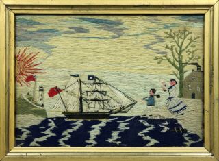 Antique folk art Sailor ' s woolwork picture of a ship,  family,  lighthouse etc 2