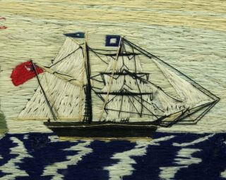 Antique folk art Sailor ' s woolwork picture of a ship,  family,  lighthouse etc 4