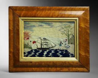 Antique folk art Sailor ' s woolwork picture of a ship,  family,  lighthouse etc 6