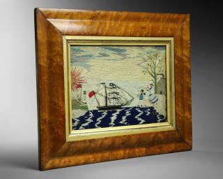 Antique folk art Sailor ' s woolwork picture of a ship,  family,  lighthouse etc 7