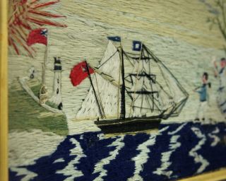 Antique folk art Sailor ' s woolwork picture of a ship,  family,  lighthouse etc 8