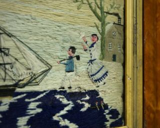 Antique folk art Sailor ' s woolwork picture of a ship,  family,  lighthouse etc 9