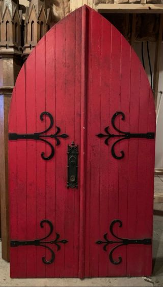 Fantastic Arched Gothic Oak Church Doors 1904 Wonderful Iron Decoration Red