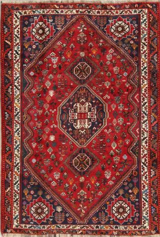One - Of - A - Kind Geometric Tribal Abadeh Persian Hand - Knotted 5x7 Red Wool Area Rug