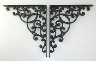 Lg Pair 12x14 Antique Shelf Brackets Architectural Cast Iron Heart Fleur De Lis