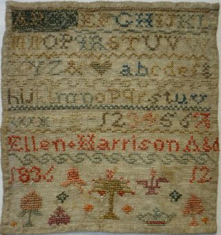 Very Small Early/mid 19th Century Sampler By Ellen Harrison Aged 12 - 1832