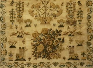 MID 19TH CENTURY FLORAL SPRAY,  CASTLE & MOTIF SAMPLER BY BETSEY CLEMENS - c.  1845 10
