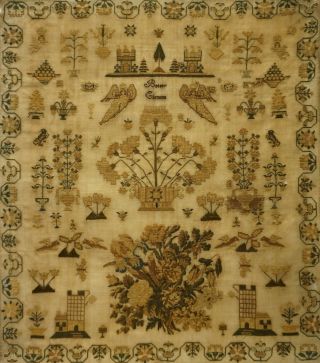 MID 19TH CENTURY FLORAL SPRAY,  CASTLE & MOTIF SAMPLER BY BETSEY CLEMENS - c.  1845 11