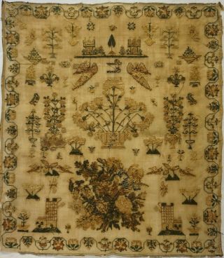 MID 19TH CENTURY FLORAL SPRAY,  CASTLE & MOTIF SAMPLER BY BETSEY CLEMENS - c.  1845 12