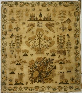 Mid 19th Century Floral Spray,  Castle & Motif Sampler By Betsey Clemens - C.  1845