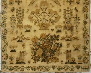 MID 19TH CENTURY FLORAL SPRAY,  CASTLE & MOTIF SAMPLER BY BETSEY CLEMENS - c.  1845 3