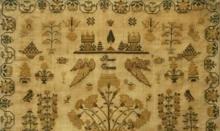 MID 19TH CENTURY FLORAL SPRAY,  CASTLE & MOTIF SAMPLER BY BETSEY CLEMENS - c.  1845 8