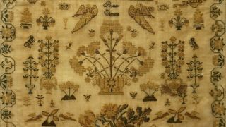 MID 19TH CENTURY FLORAL SPRAY,  CASTLE & MOTIF SAMPLER BY BETSEY CLEMENS - c.  1845 9