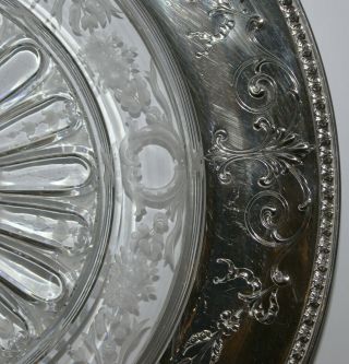 ca.  1913 Rare Grogan Company Sterling Silver Round Platter w Etched Glass Center 7