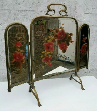 Vtg Art Nouveau Brass & Hand Painted Floral Bevelled Mirror 3 Panel Fire Screen