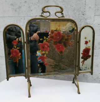 Vtg Art Nouveau Brass & Hand Painted Floral Bevelled Mirror 3 Panel Fire Screen 2
