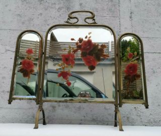 Vtg Art Nouveau Brass & Hand Painted Floral Bevelled Mirror 3 Panel Fire Screen 3