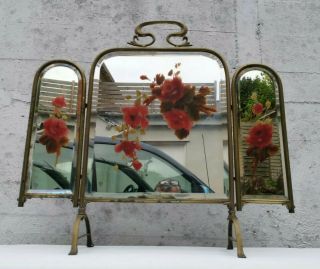 Vtg Art Nouveau Brass & Hand Painted Floral Bevelled Mirror 3 Panel Fire Screen 4