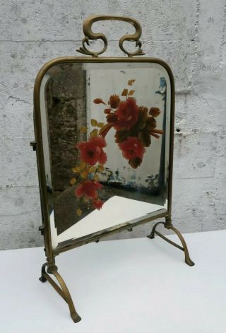 Vtg Art Nouveau Brass & Hand Painted Floral Bevelled Mirror 3 Panel Fire Screen 5