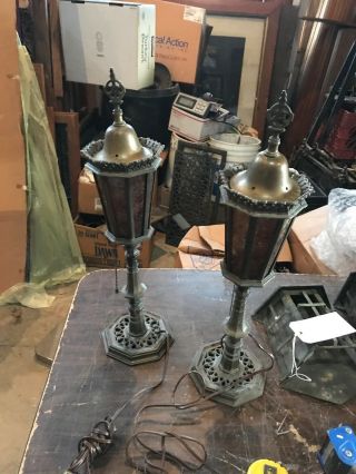 Matched Pair Antique White Metal Brass Top Mika Boudoir Lamps 5 5/8 X 21