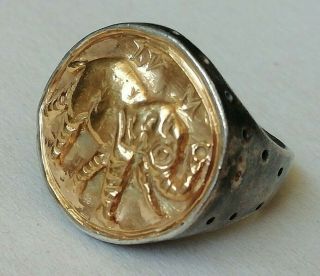 RARE ANCIENT ROMAN SILVER LEGIONNAIRE RING WITH ELEPHANT INLAID GOLD 24K UNIQUE 8
