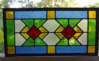 Vintage Handcrafted Leaded Stained Glass Window Panel 15 " X 8 " Red/amber/green
