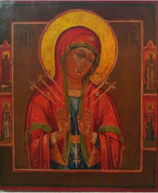 19c Antique Hand Painted Russian Icon Of Mother Of God Of Seven Swords.