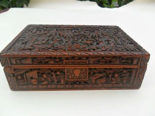 Fine Antique Chinese Sandal Wood Canton Carved Lidded Wooden Box