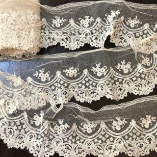 Antique Brussels Appliqué Mixed Lace Handmade Floral Net Flounce 134 Inches