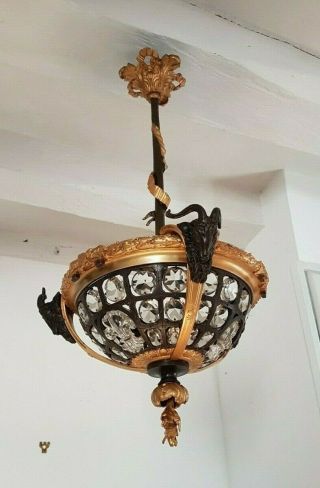 Antique French,  Louis XVI chandelier,  gilded Bronze,  Rams&fleurs de Lys,  19th 2