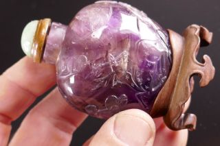 18th/19th Century Chinese Carved Amethyst Snuff Bottle w/ Jadeite Stopper 10