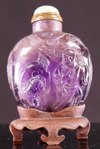 18th/19th Century Chinese Carved Amethyst Snuff Bottle W/ Jadeite Stopper